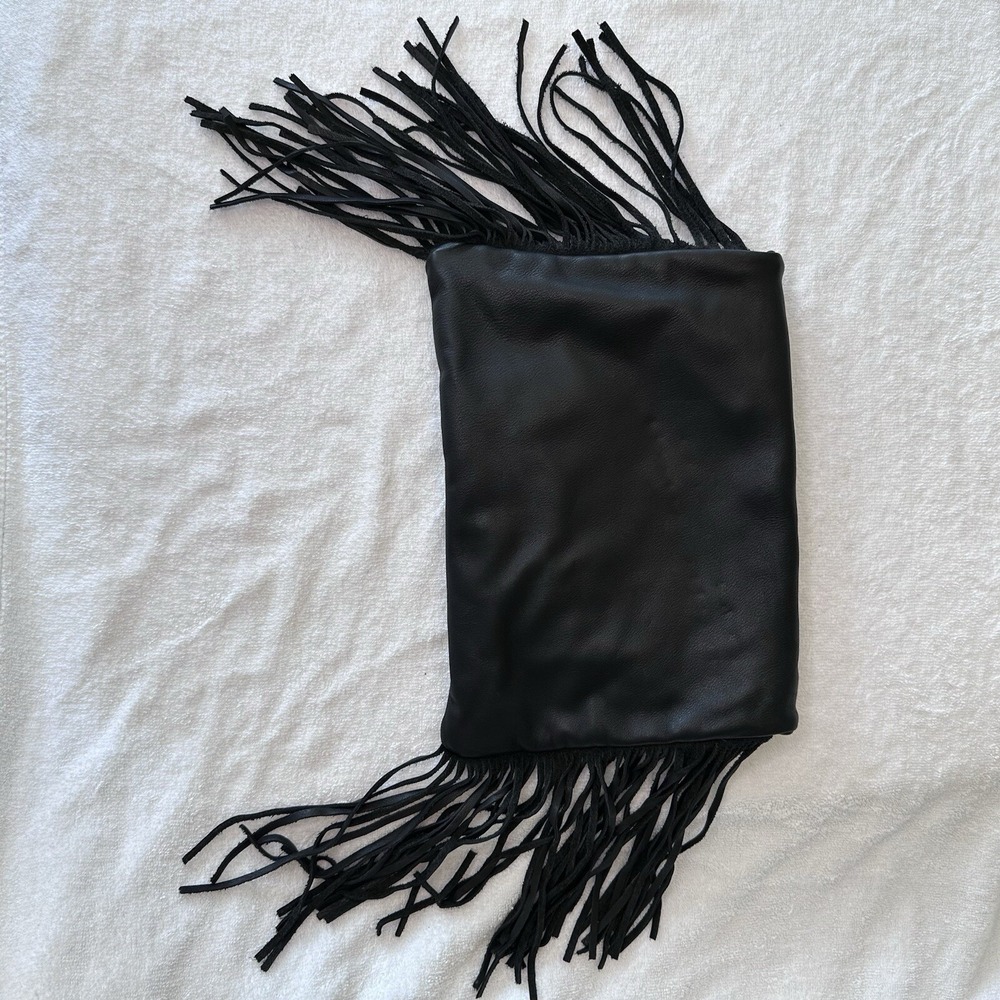 Tylie Malibu Black Leather Studded Fringe Lined Clutch Purse Magnet Close Pocket - Picture 10 of 14